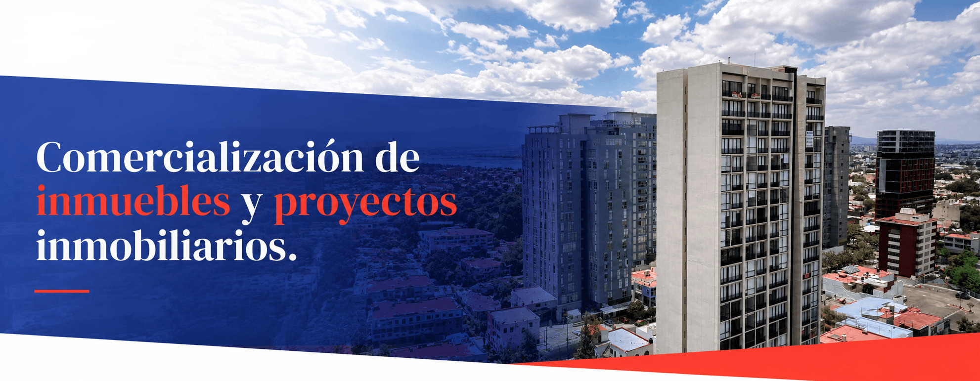 Imagen creada con Inteligencia Artificial. Es un cintillo horizontal con el fondo de una imagen de edificios de la colonia americana, en Guadalajara. Donde se lee: Comercialización de proyectos inmobiliarios e inmuebles.